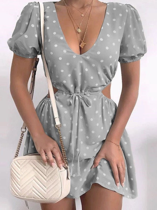Dresses V-Neck Dot Print Hollow Elastic Waist Dress - LuckyFash™
