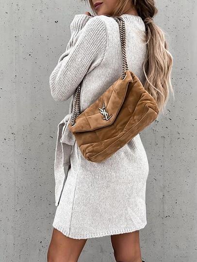 Dresses V-Neck Knitted Slim Belt Long Sleeve Dress - LuckyFash™