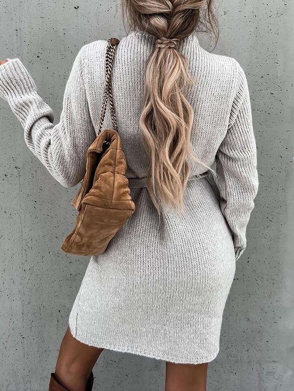 Dresses V-Neck Knitted Slim Belt Long Sleeve Dress - LuckyFash™