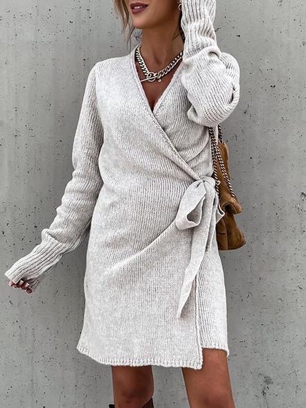 Dresses V-Neck Knitted Slim Belt Long Sleeve Dress - LuckyFash™