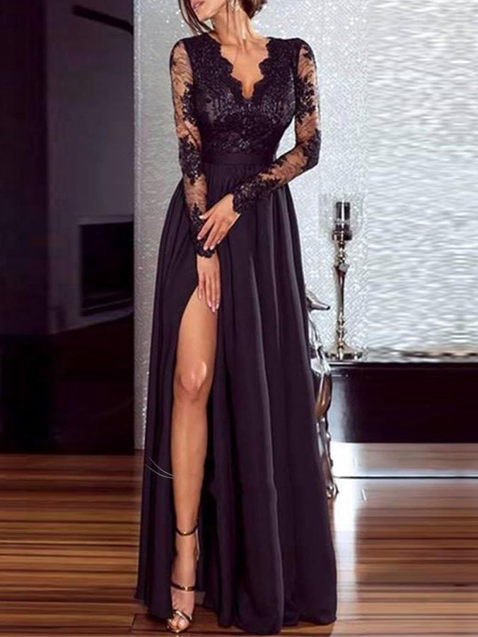 Dresses V-Neck Lace Long Sleeve Split Evening Dress - LuckyFash™