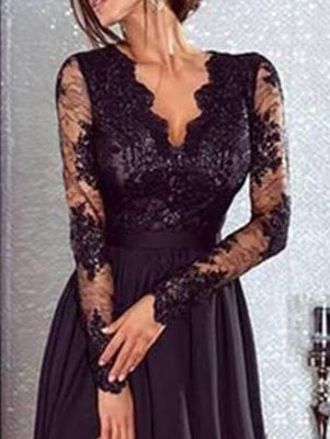 Dresses V-Neck Lace Long Sleeve Split Evening Dress - LuckyFash™