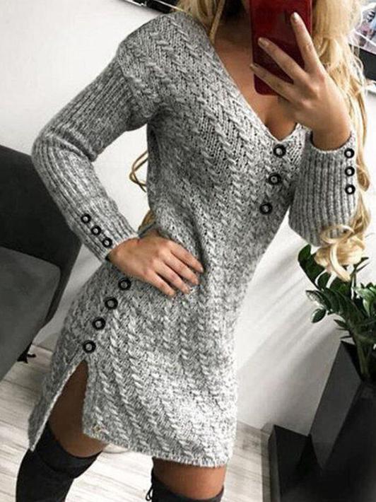 Dresses V-Neck Long Sleeve Buttoned Knit Dress - LuckyFash™