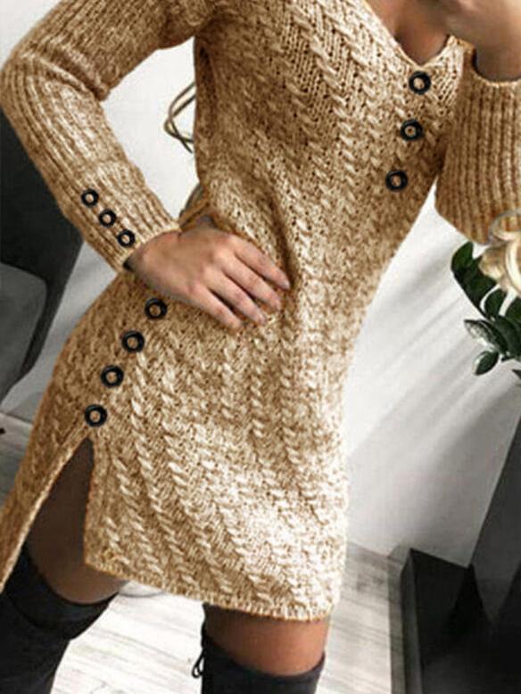 Dresses V-Neck Long Sleeve Buttoned Knit Dress - LuckyFash™