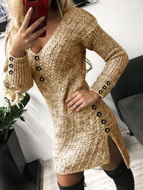 Dresses V-Neck Long Sleeve Buttoned Knit Dress - LuckyFash™