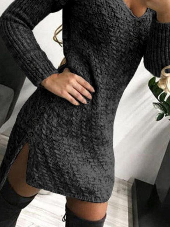 Dresses V-Neck Long Sleeve Buttoned Knit Dress - LuckyFash™