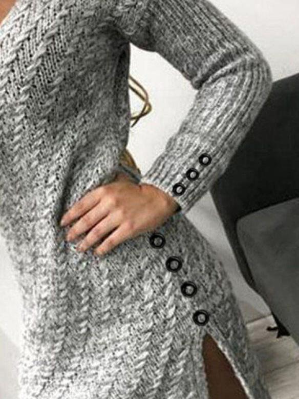 Dresses V-Neck Long Sleeve Buttoned Knit Dress - LuckyFash™