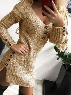 Dresses V-Neck Long Sleeve Buttoned Knit Dress - LuckyFash™