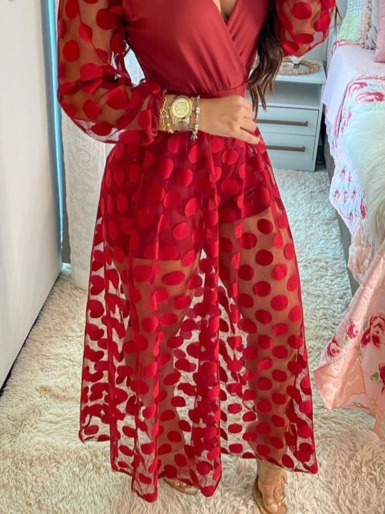 Dresses V-Neck Mesh Polka Dot Long Sleeve Dress - LuckyFash™