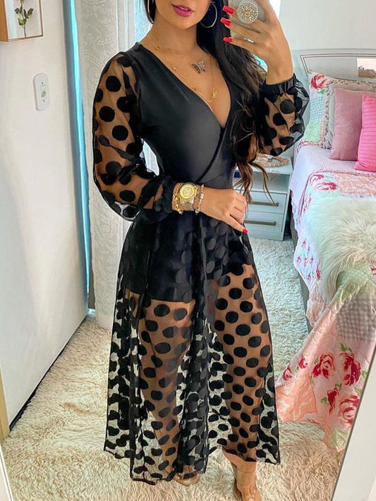 Dresses V-Neck Mesh Polka Dot Long Sleeve Dress - LuckyFash™
