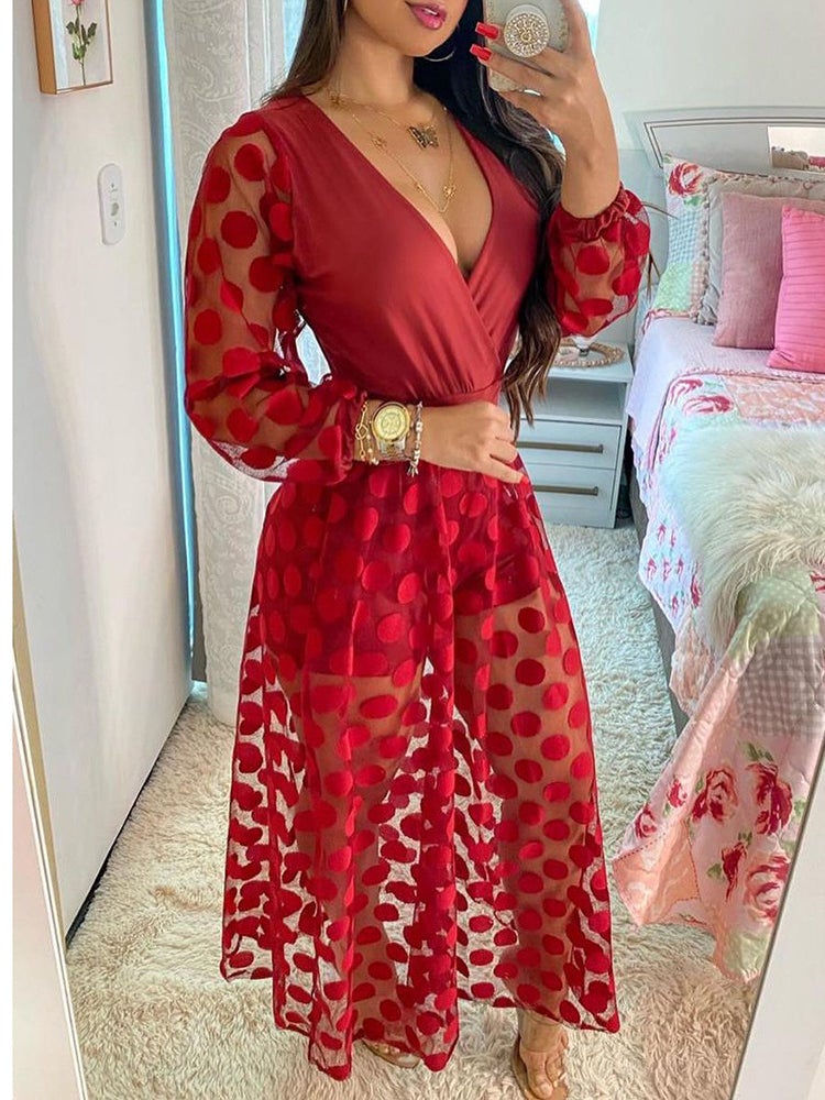 Dresses V-Neck Mesh Polka Dot Long Sleeve Dress - LuckyFash™