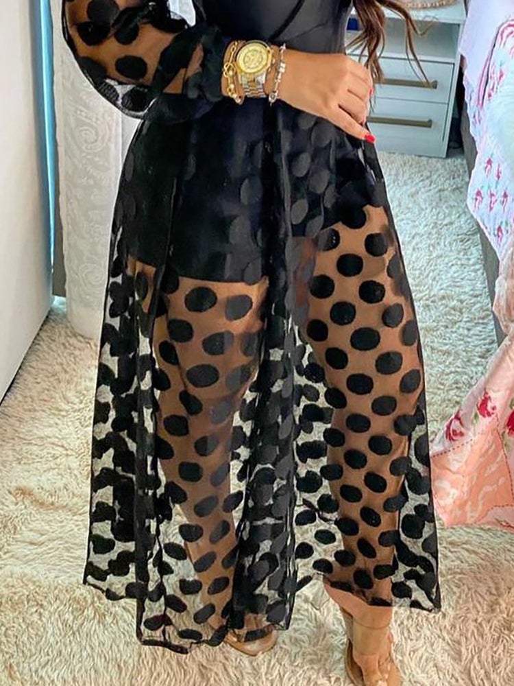 Dresses V-Neck Mesh Polka Dot Long Sleeve Dress - LuckyFash™