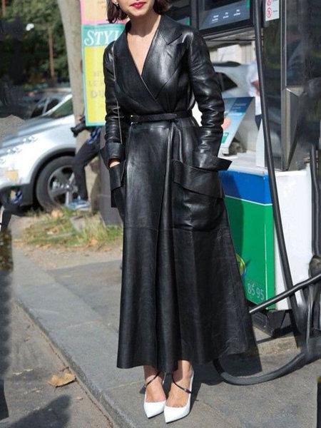 Women's Dresses V-Neck Pocket Belt Long Sleeve Leather Dress - LuckyFash™