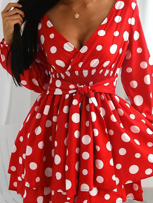 Dresses V-Neck Polka Dot Long Sleeve Mini Dress - LuckyFash™