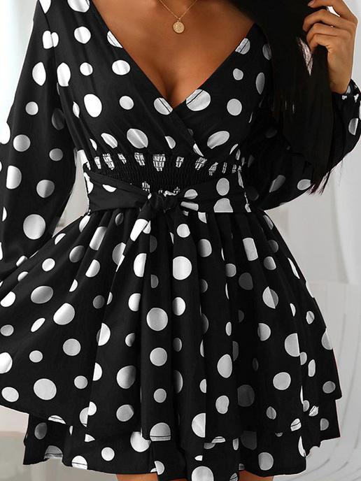 Dresses V-Neck Polka Dot Long Sleeve Mini Dress - LuckyFash™