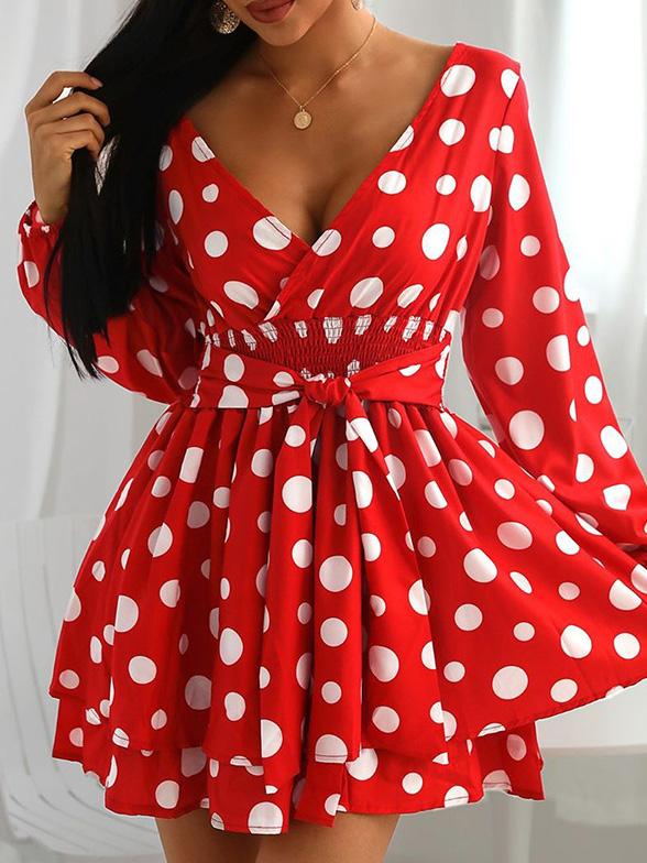 Dresses V-Neck Polka Dot Long Sleeve Mini Dress - LuckyFash™