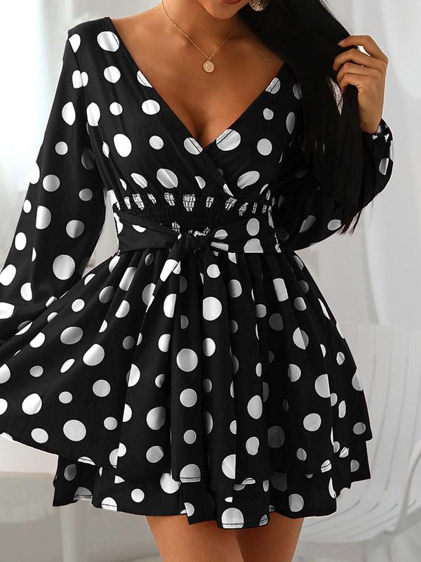 Dresses V-Neck Polka Dot Long Sleeve Mini Dress - LuckyFash™
