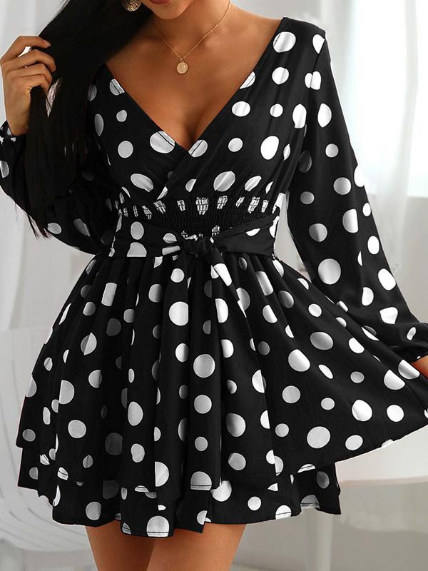 Dresses V-Neck Polka Dot Long Sleeve Mini Dress - LuckyFash™