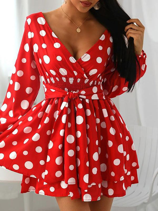 Dresses V-Neck Polka Dot Long Sleeve Mini Dress - LuckyFash™