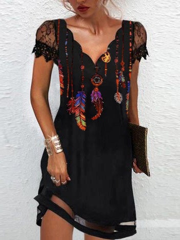 Dresses V-Neck Printed Feather Lace Short Sleeve Dress - LuckyFash™
