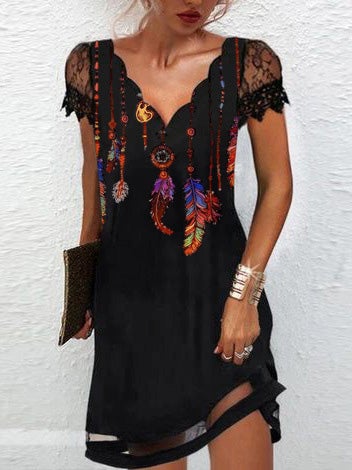 Dresses V-Neck Printed Feather Lace Short Sleeve Dress - LuckyFash™