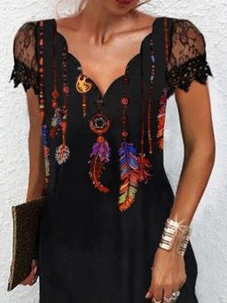 Dresses V-Neck Printed Feather Lace Short Sleeve Dress - LuckyFash™