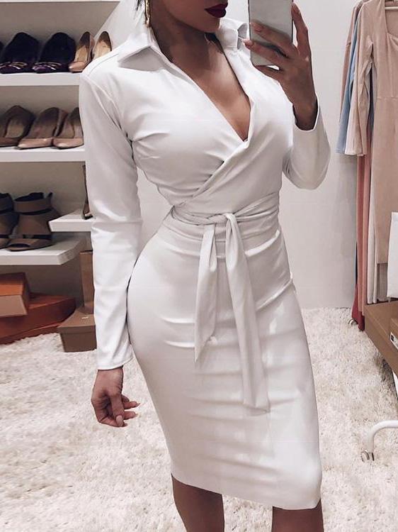 Dresses V-Neck Slim Belted Long Sleeve Pu Leather Dress - LuckyFash™