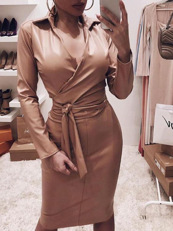 Dresses V-Neck Slim Belted Long Sleeve Pu Leather Dress - LuckyFash™