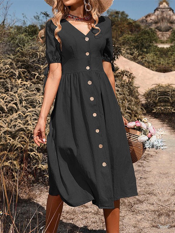 Dresses V Neck Solid Cotton Linen Midi Dress - LuckyFash™
