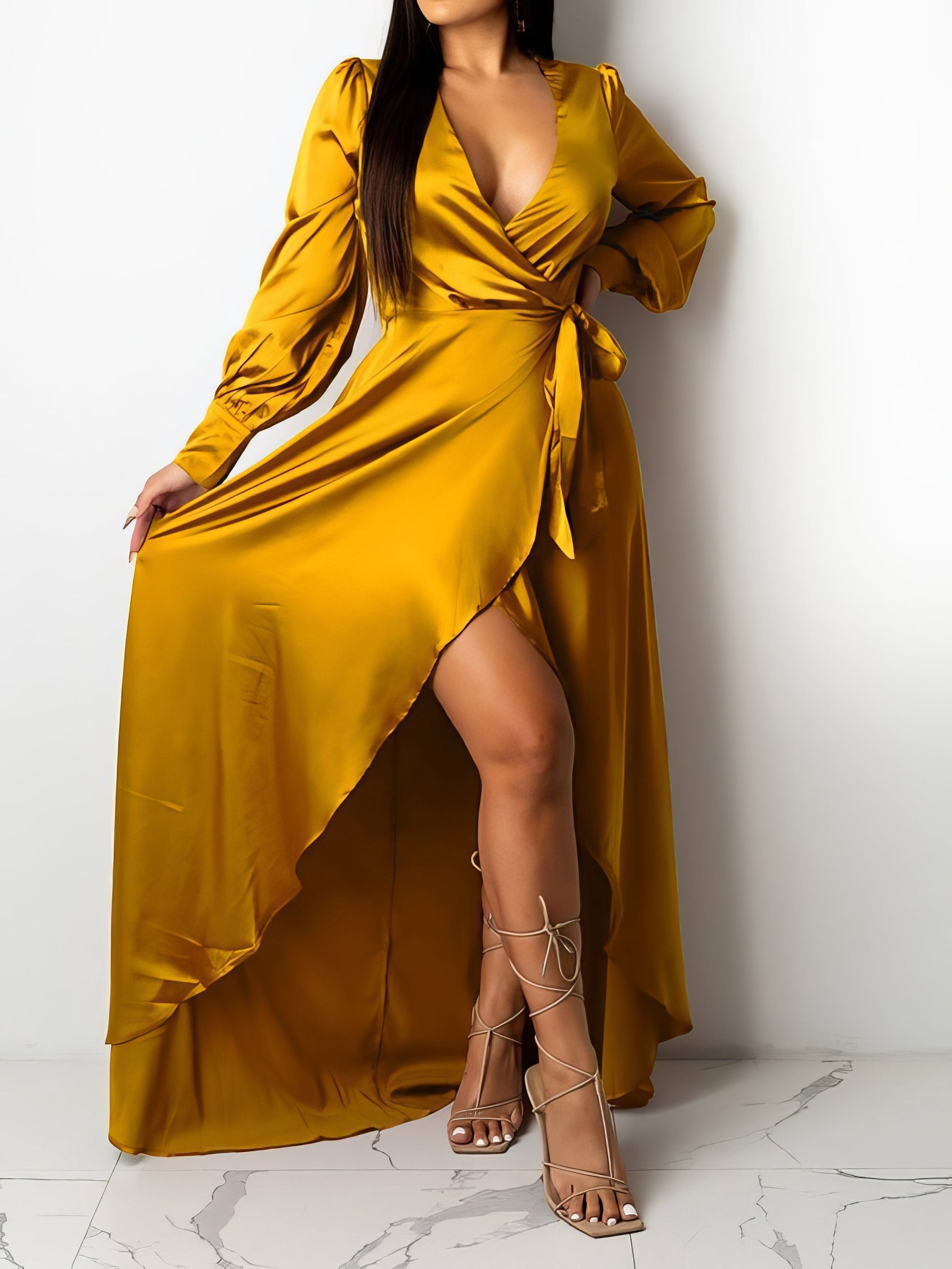 Dresses V-Neck Solid Irregular Long Sleeve Dress - LuckyFash™