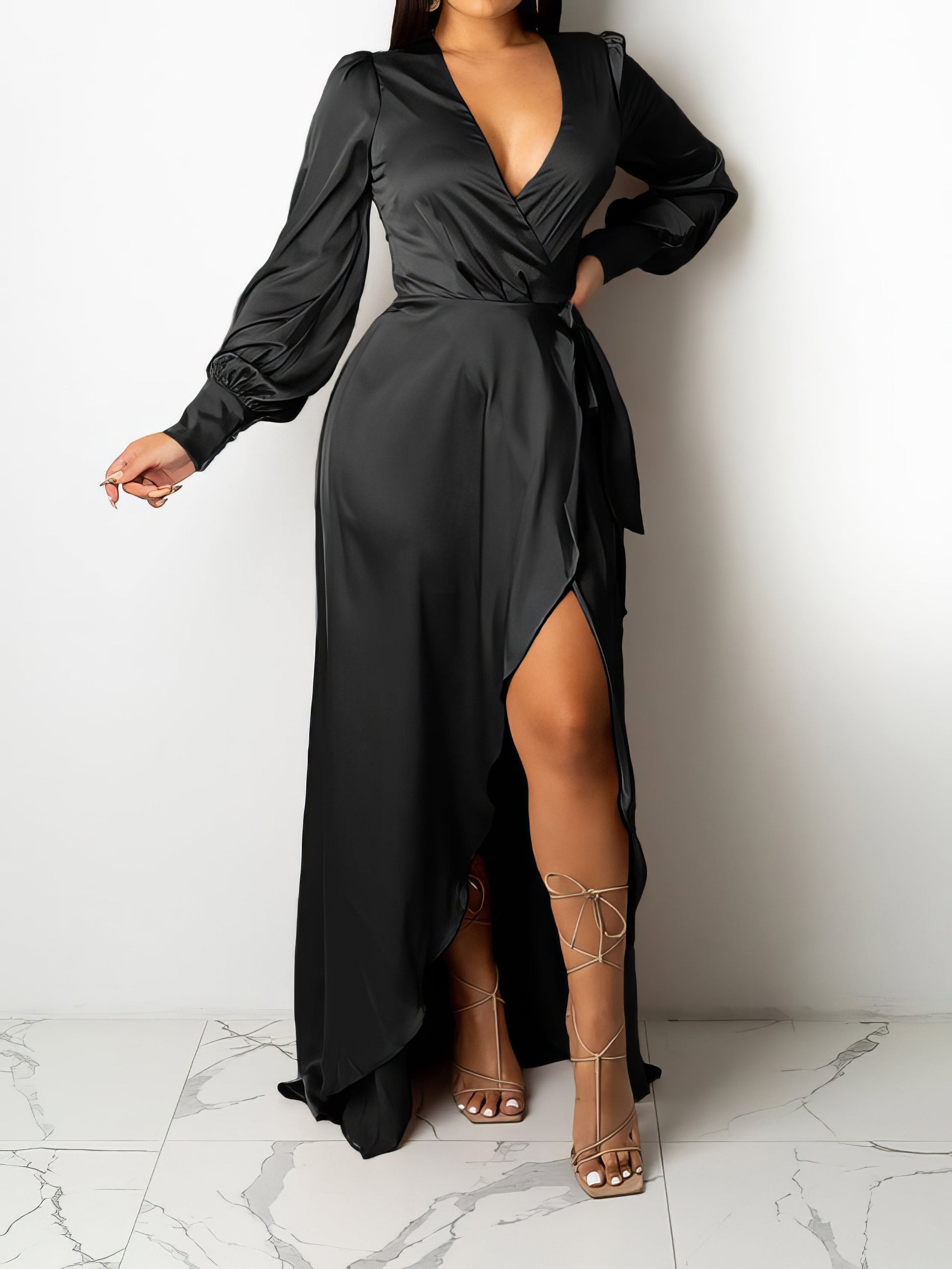 Dresses V-Neck Solid Irregular Long Sleeve Dress - LuckyFash™