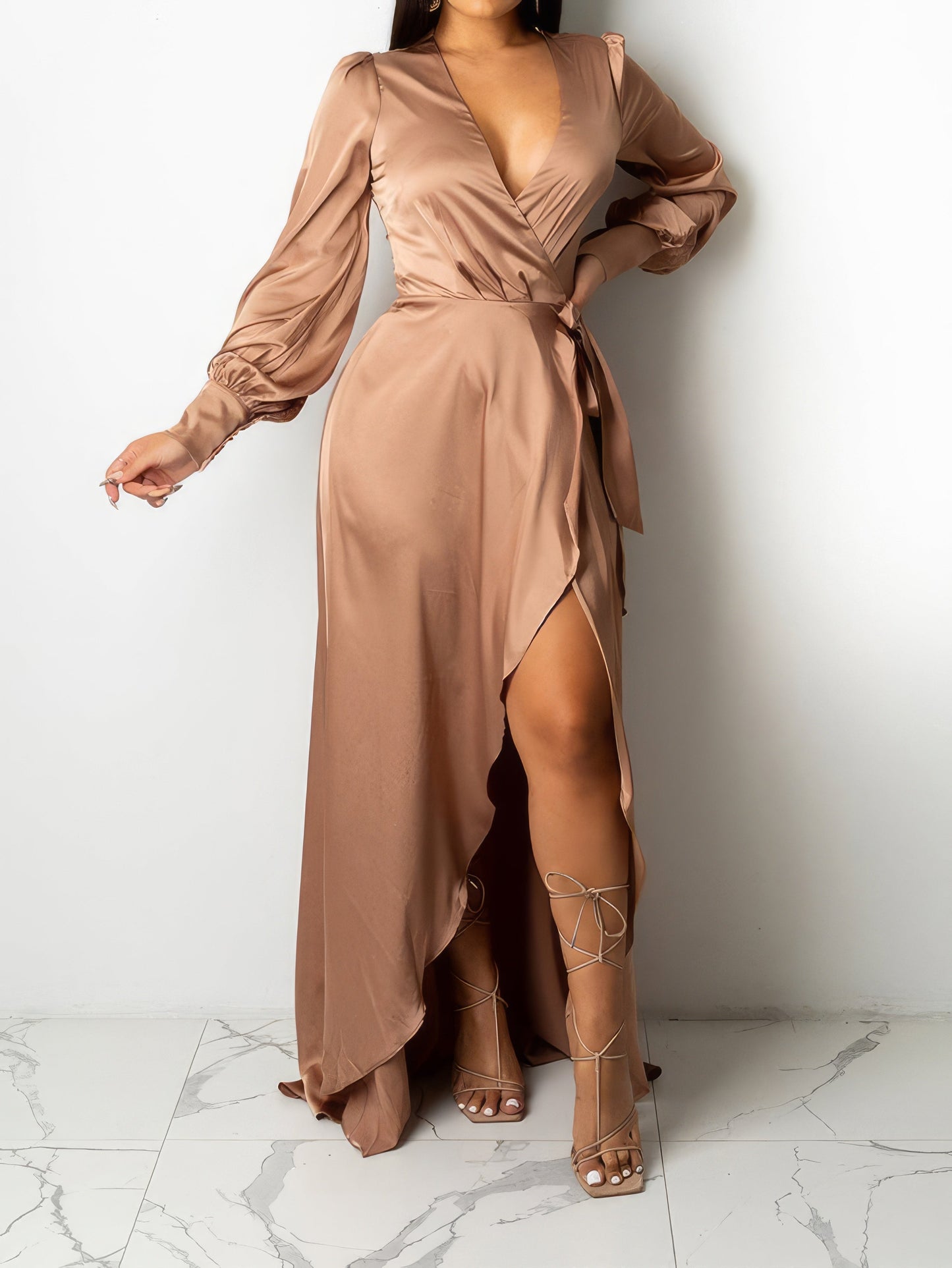 Dresses V-Neck Solid Irregular Long Sleeve Dress - LuckyFash™