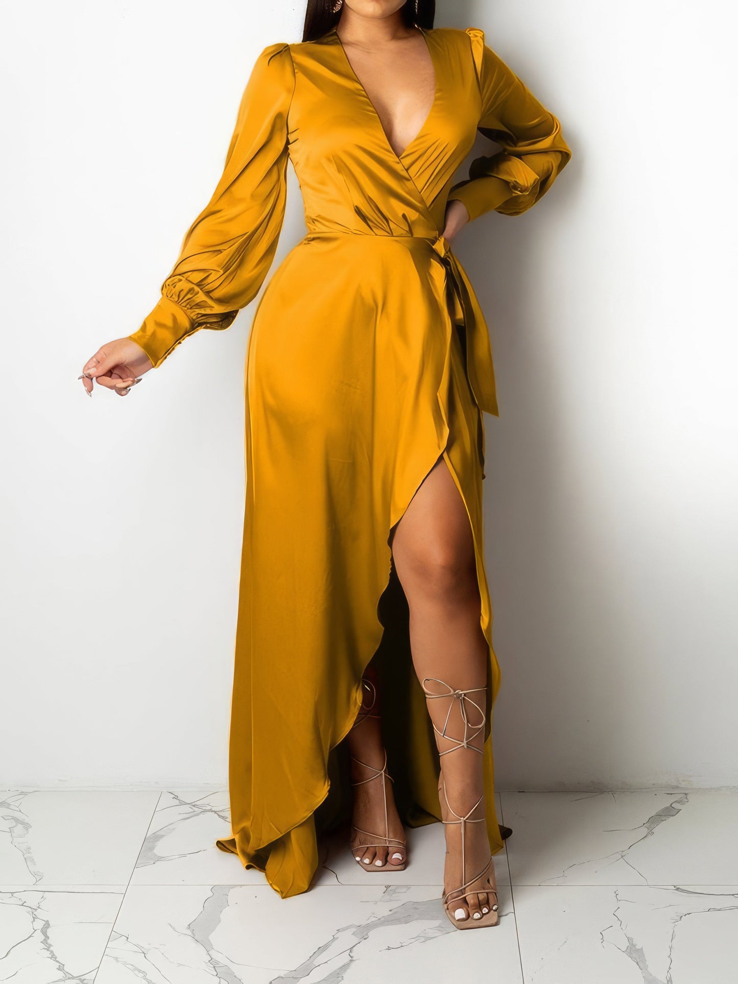 Dresses V-Neck Solid Irregular Long Sleeve Dress - LuckyFash™