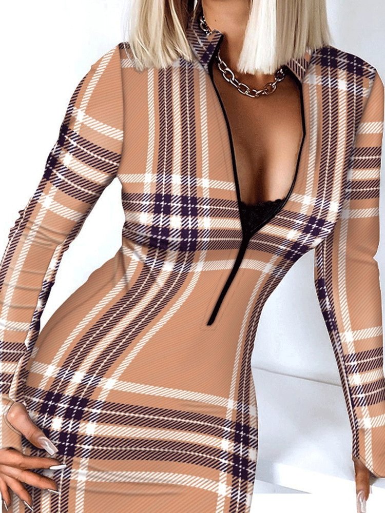 Dresses V-Neck Zip Long Sleeve Bodycon Dresses - LuckyFash™