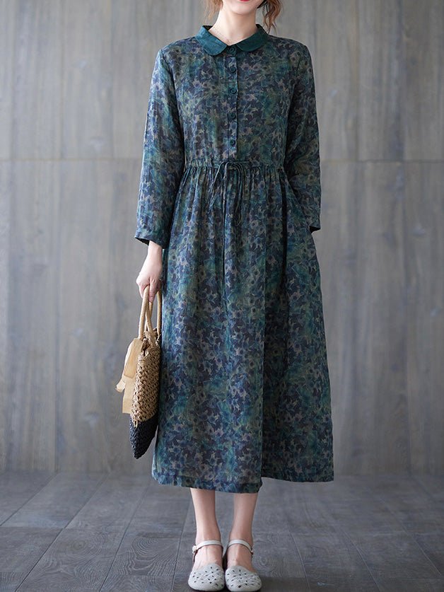 Dresses Vintage Print Button Elastic Waist Long Sleeve Dress - LuckyFash™