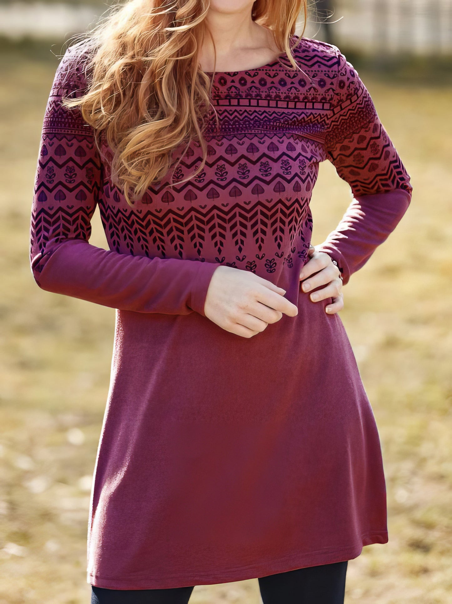 Dresses Vintage Printed Round Neck Long Sleeve Dress - LuckyFash™