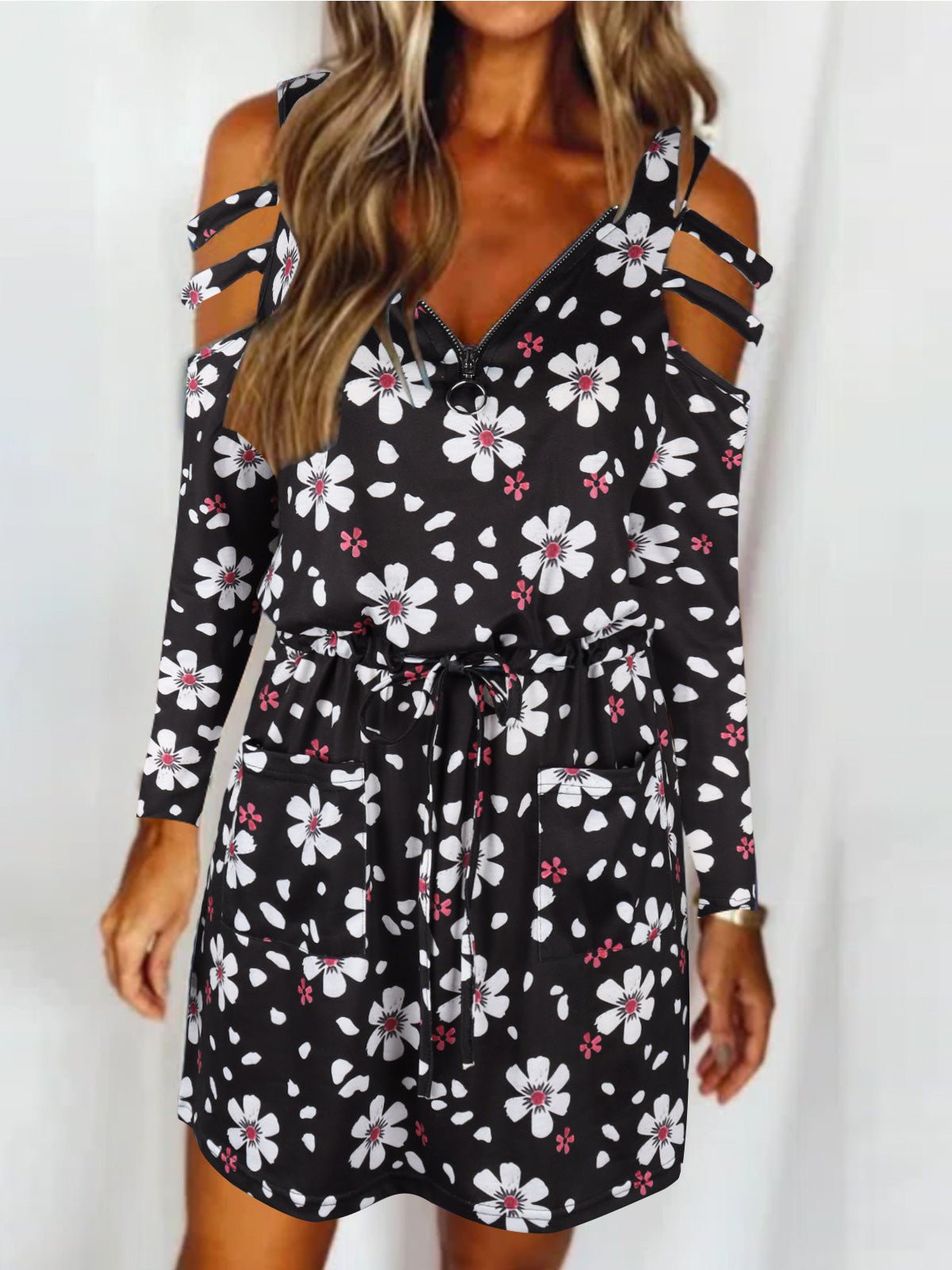 Dresses Zip V-Neck Off-Shoulder Long Sleeve Dress - LuckyFash™