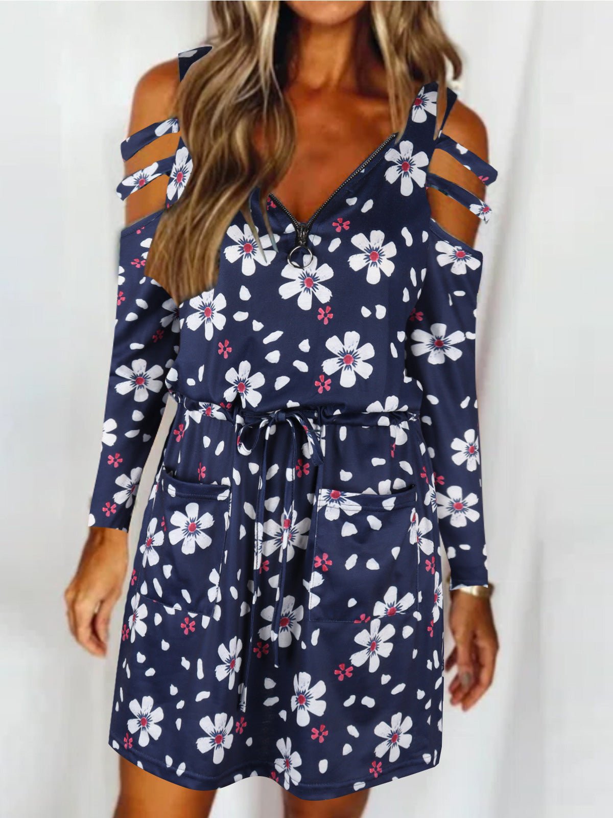 Dresses Zip V-Neck Off-Shoulder Long Sleeve Dress - LuckyFash™