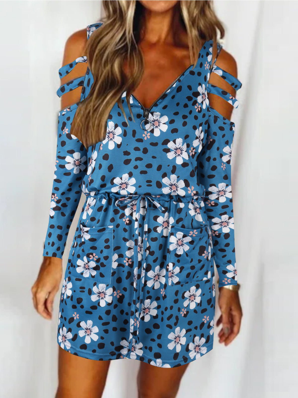 Dresses Zip V-Neck Off-Shoulder Long Sleeve Dress - LuckyFash™