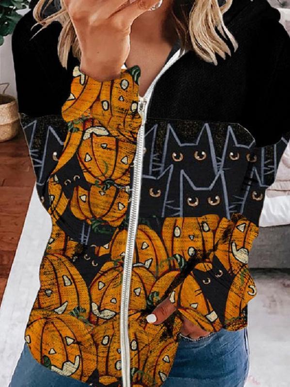 Women's Hoodies Cat Pumpkin Print Long Sleeve Zip Hoodie - LuckyFash™
