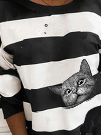 Women's Hoodies Cat Stripe Print Round Neck Long Sleeve Hoodie - LuckyFash™