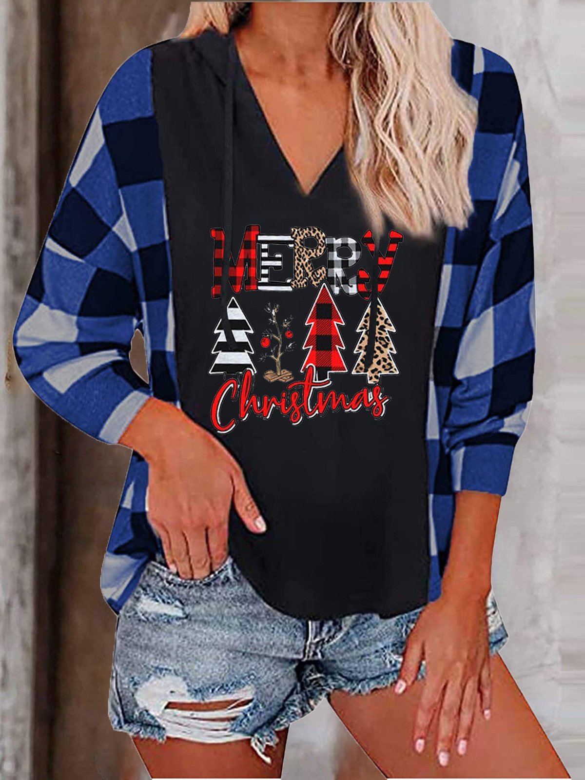 Women's Hoodies Christmas Tree Plaid Long Sleeve Hoodie - LuckyFash™