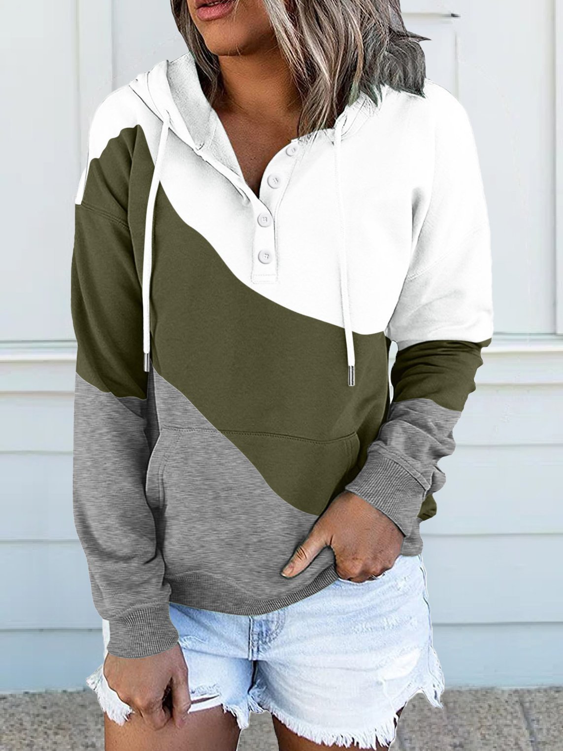 Women's Hoodies Colorblock Pocket Long Sleeve Button Hoodie - LuckyFash™