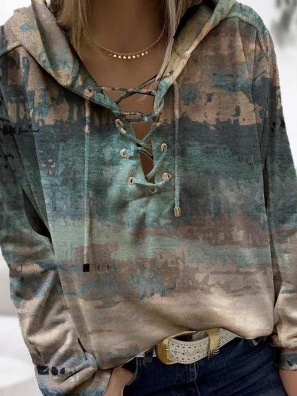 Women's Hoodies Ink Print Long Sleeve Cross-Tie Hoody - LuckyFash™