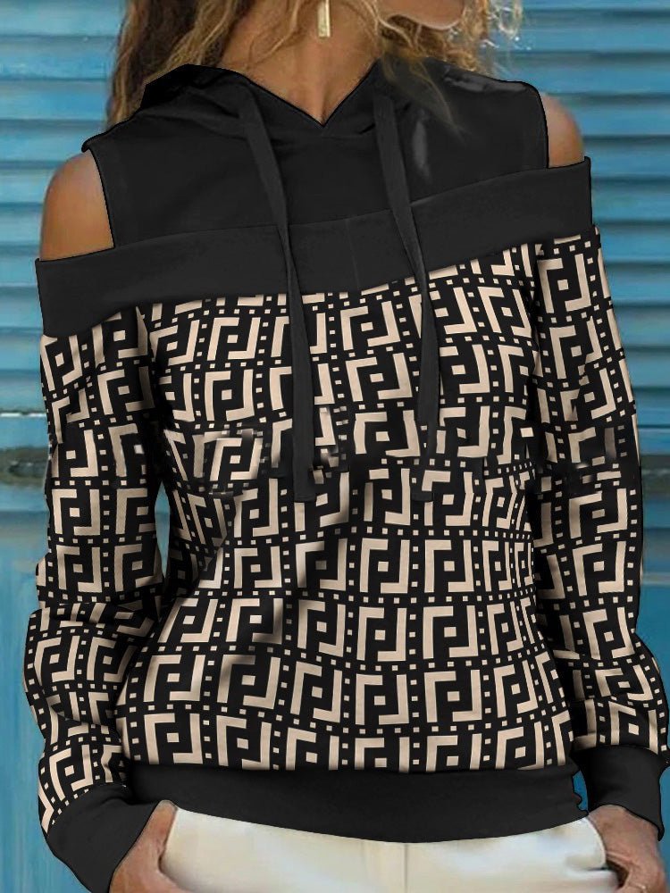 Women's Hoodies Printed Panel Off-Shoulder Long Sleeve Hoody - LuckyFash™