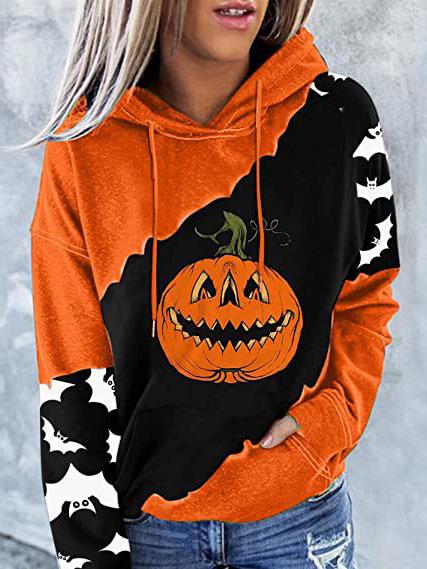 Women's Hoodies Pumpkin Bat Print Pocket Contrast Hoodie - LuckyFash™