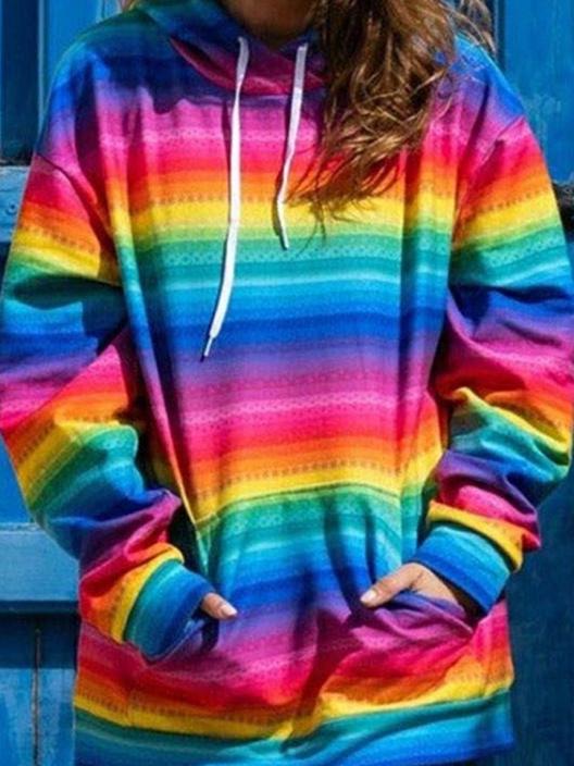 Women's Hoodies Rainbow Stripe Pocket Long Sleeve Hoody - LuckyFash™