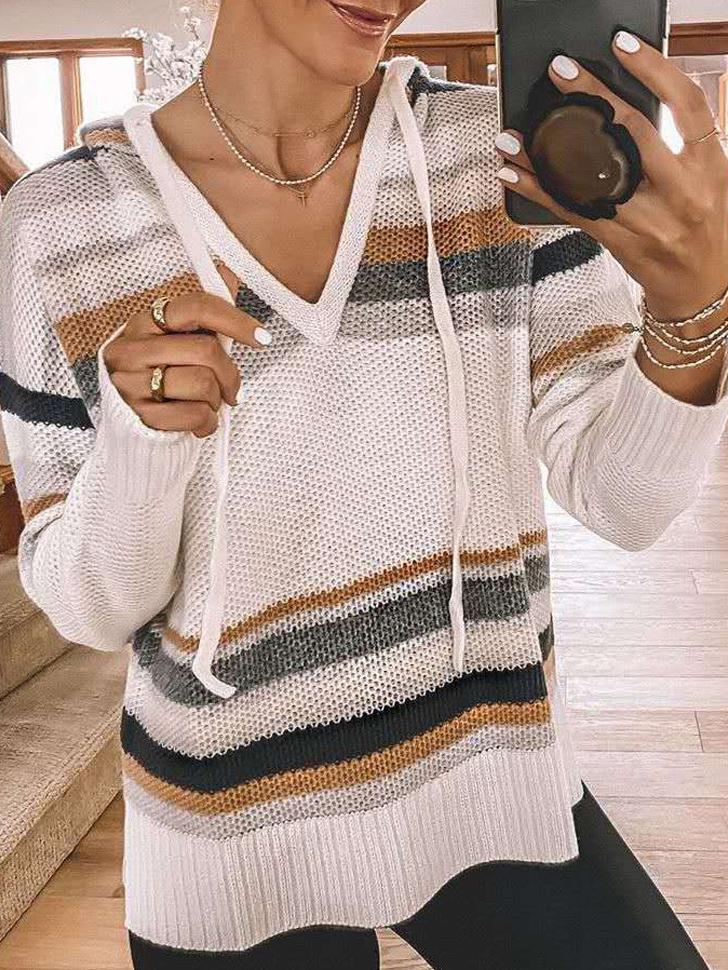 Women's Hoodies Striped V-Neck Long Sleeve Knit Hoodie - LuckyFash™