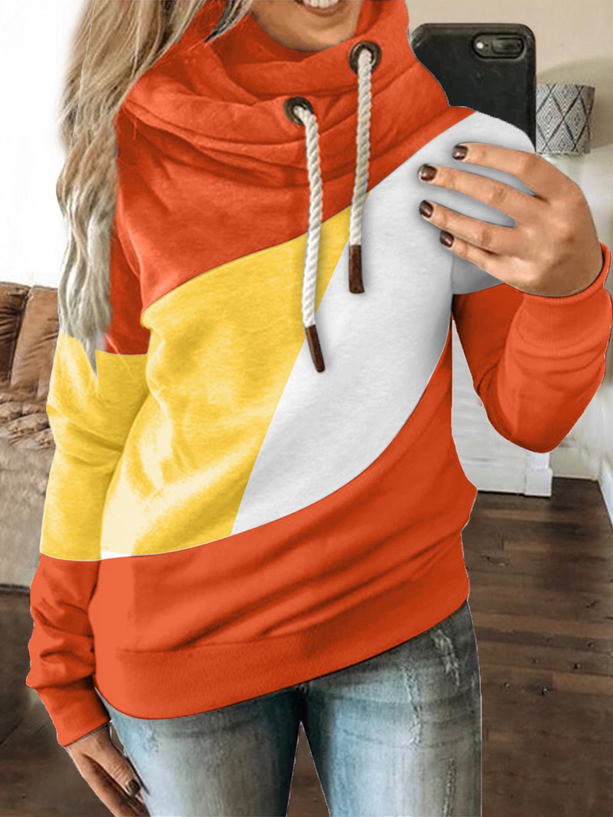 Women's Hoodies Tricolor Paneled Drawstring Long Sleeve Hoody - LuckyFash™