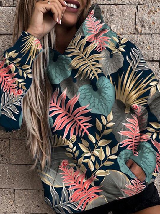Women's Hoodies Tropical Leaf Pocket Long Sleeve Hoodie - LuckyFash™